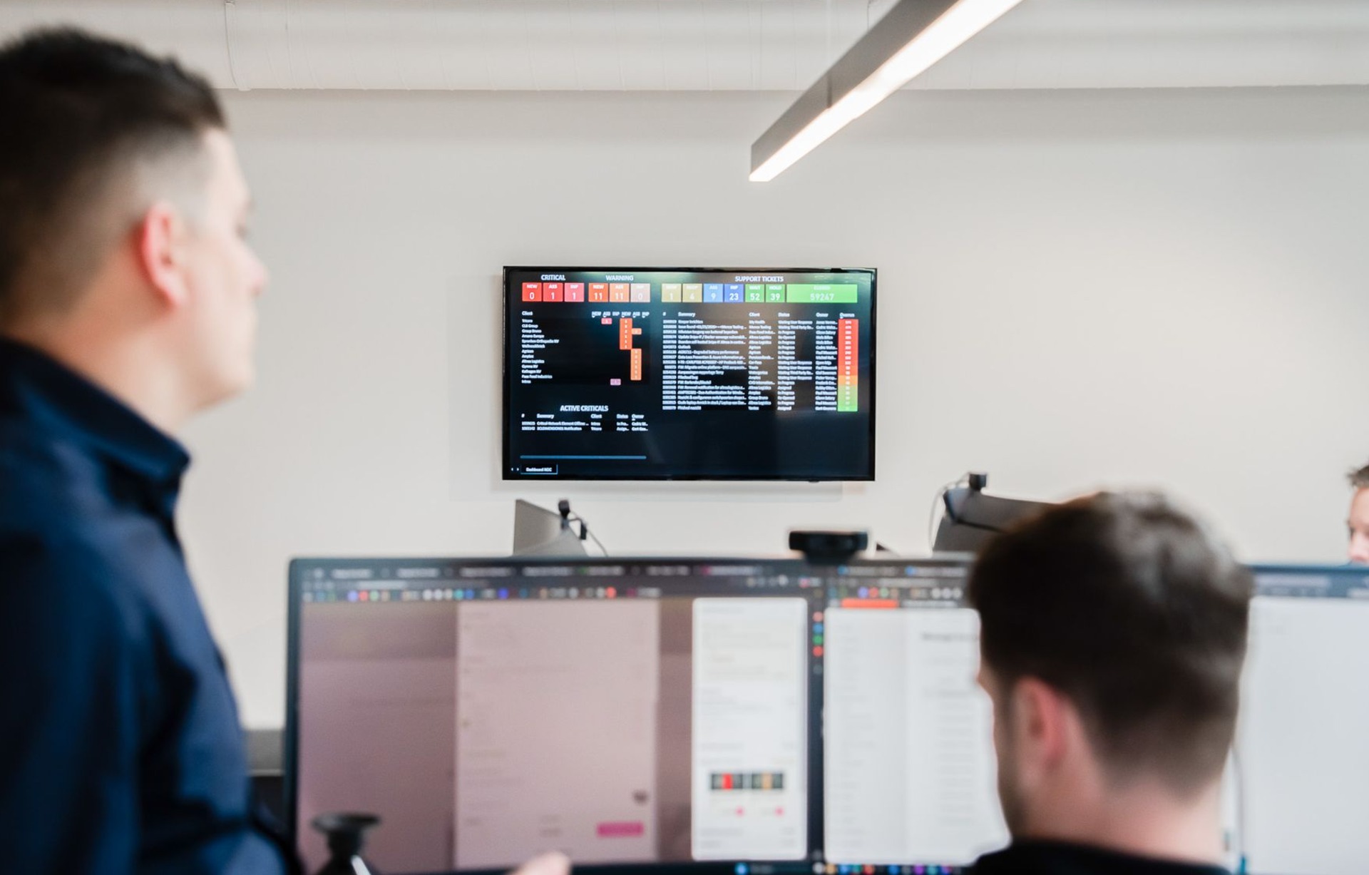 twee collega's aan een scherm met een NOC scherm in de achtergrond